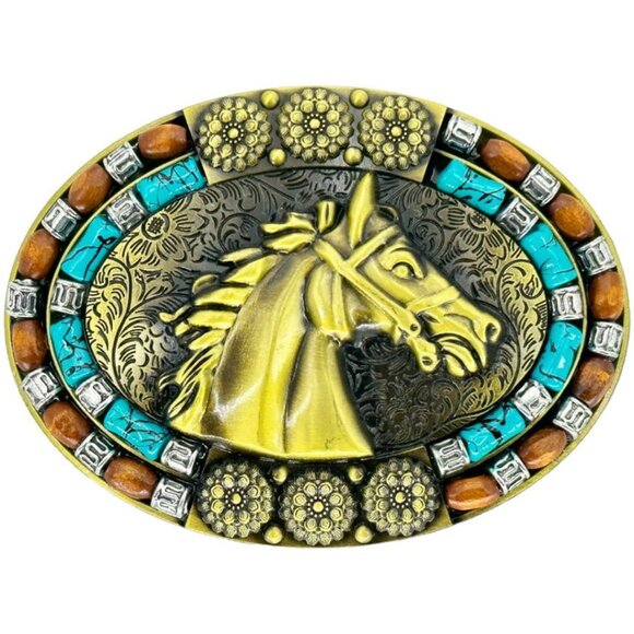 Western Gold Tone Horse Design Turquoise & Brown Bead Oval Belt Buckle NWT - Picture 1 of 4